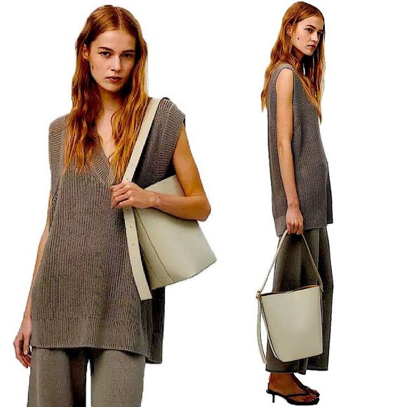 Zara Brown Chunky Knit Oversized V-Neck Sweater Vest Size Small - Picture 1 of 9